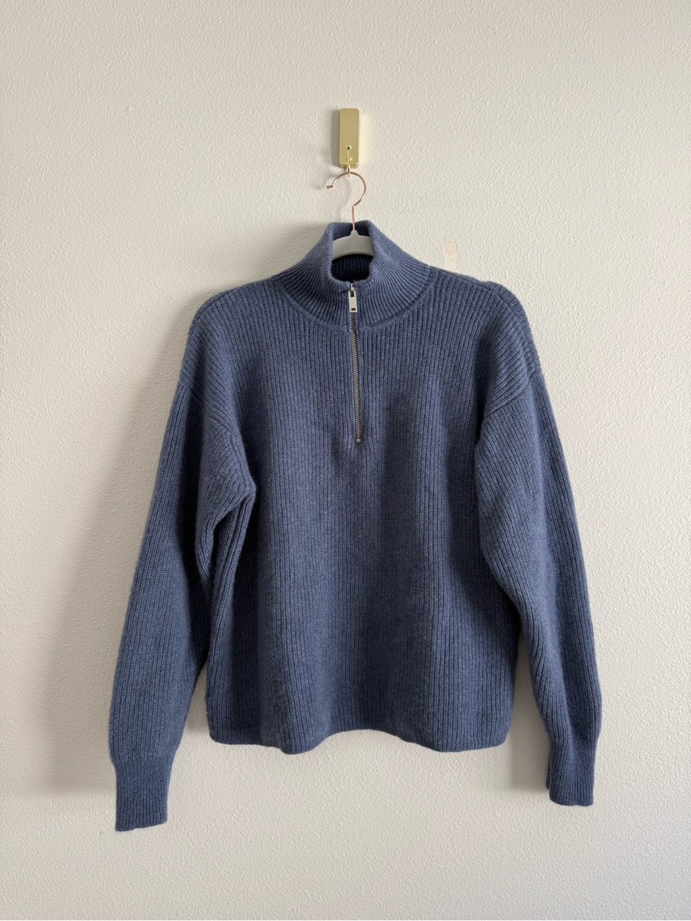 Quince Mongolian Cashmere Fisherman Quarter Zip Sweater heather storm blue Sz L